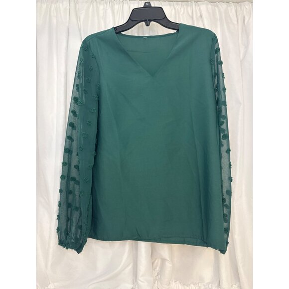 Shein Dark Green Sheer Swiss Dot Long Sleeve Blouse With V-Neckline - Picture 3 of 4